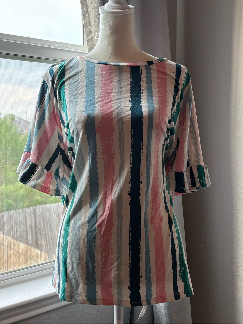 Women’s Vertical Stripe Ruffle Sleeve Top in Pink, Teal & Navy